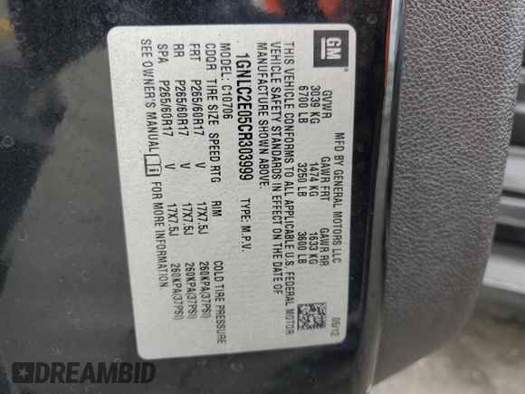 2012 Chevrolet Tahoe Commercial with VIN 1GNLC2E05CR303999, listed as a Copart auction lot 55617295 with 148,326 mi miles and Salvage title. Bid and sale history available at DreamBid. Image 13.