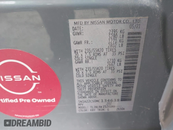 2021 Nissan Murano SL with VIN 5N1AZ2CS0MC134638, listed as a IAAI auction lot 41161799 with Not Provided miles and . Bid and sale history available at DreamBid. Image 9.