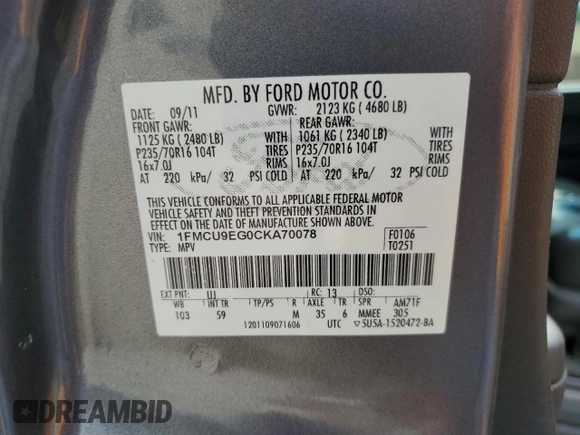 2012 Ford Escape Limited with VIN 1FMCU9EG0CKA70078, listed as a Copart auction lot 63184945 with 191,530 mi miles and Salvage title. Bid and sale history available at DreamBid. Image 14.