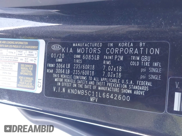 2020 Kia Sedona EX with VIN KNDMB5C11L6642600, listed as a IAAI auction lot 41332168 with 83,302 mi miles. Bid and sale history available at carsss.com. Image 9.