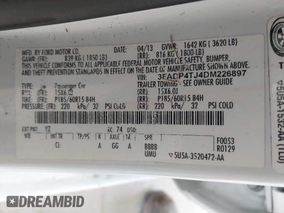 2013 Ford Fiesta S with VIN 3FADP4TJ4DM226897, listed as a IAAI auction lot 41916651 with 56,714 mi miles and . Bid and sale history available at DreamBid. Image 9.