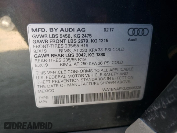 2018 Audi Q5 Premium Plus with VIN WA1BNAFY2J2005326, listed as a Copart auction lot 39950623 with 81,979 mi miles. Bid and sale history available at carsss.com. Image 13.
