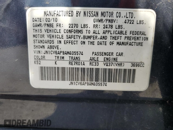 2010 Infiniti G37 Sedan Journey with VIN JN1CV6AP9AM405574, listed as a Copart auction lot 51741795 with 181,695 mi miles and Salvage Title. Bid and sale history available at carsss.com. Image 12.