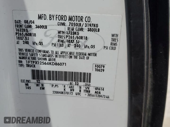 2004 Ford F-150 XL with VIN 1FTPX12564KD86071, listed as a Copart auction lot 58815535 with 258,334 mi miles and Salvage title. Bid and sale history available at DreamBid. Image 12.