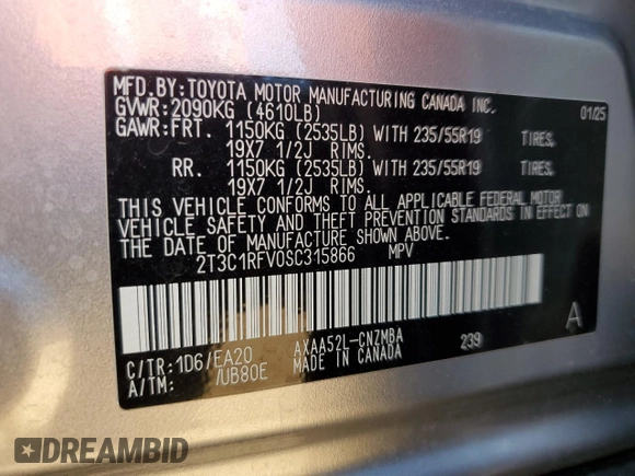 2025 Toyota RAV4 XLE Premium with VIN 2T3C1RFV0SC315866, listed as a Copart auction lot 56306135 with 1,777 mi miles and Salvage title. Bid and sale history available at DreamBid. Image 13.