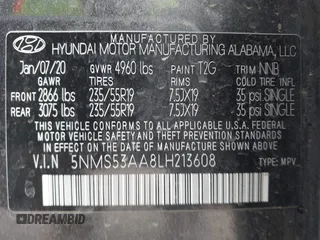 2020 Hyundai Santa Fe Limited with VIN 5NMS53AA8LH213608, listed as a IAAI auction lot 41787079 with 53,634 mi miles and . Bid and sale history available at DreamBid. Image 9.