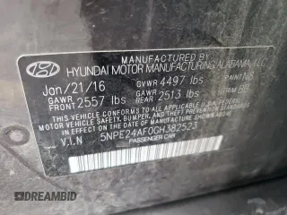 2016 Hyundai Sonata SE with VIN 5NPE24AF0GH382523, listed as a Copart auction lot 45499485 with 114,038 mi miles and Salvage Title. Bid and sale history available at carsss.com. Image 12.