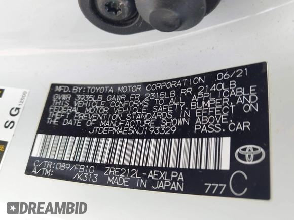 2022 Toyota Corolla LE with VIN JTDEPMAE5NJ193329, listed as a IAAI auction lot 42073633 with 48,508 mi miles and . Bid and sale history available at DreamBid. Image 9.