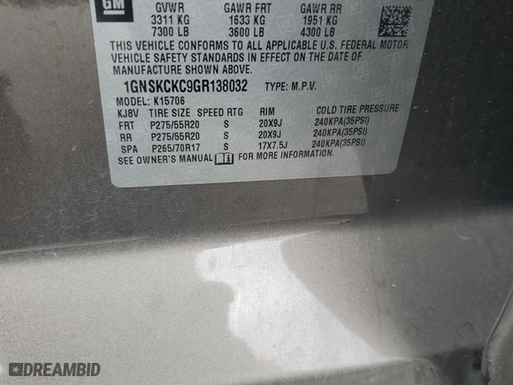 2016 Chevrolet Tahoe LTZ with VIN 1GNSKCKC9GR138032, listed as a Copart auction lot 43525425 with 126,424 mi miles and Salvage Title. Bid and sale history available at carsss.com. Image 14.