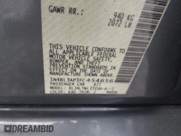 2015 Nissan Altima SL with VIN 1N4BL3AP3FC454656, listed as a IAAI auction lot 41901757 with 107,491 mi miles and . Bid and sale history available at carsss.com. Image 9.