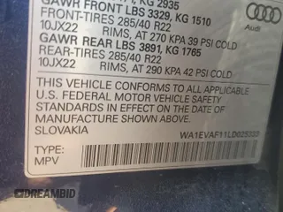 2020 Audi Q8 Premium Plus with VIN WA1EVAF11LD025333, listed as a Copart auction lot 65664624 with 58,913 mi miles and Salvage Title. Bid and sale history available at carsss.com. Image 15.