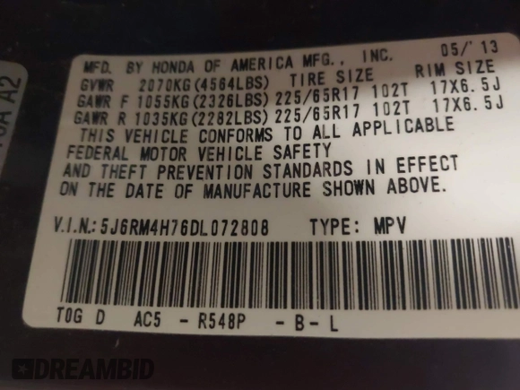2013 Honda CR-V EX-L with VIN 5J6RM4H76DL072808, listed as a IAAI auction lot 42589020 with 89,038 mi miles and . Bid and sale history available at DreamBid. Image 9.