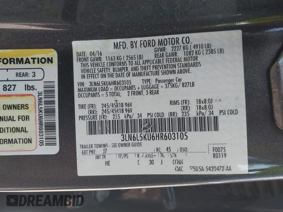 2017 Lincoln MKZ Hybrid Premiere with VIN 3LN6L5KU6HR603105, listed as a IAAI auction lot 41773788 with 135,775 mi miles. Bid and sale history available at carsss.com. Image 9.