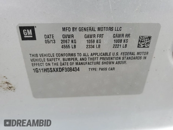 2013 Chevrolet Malibu LTZ with VIN 1G11H5SAXDF308434, listed as a Copart auction lot 50206285 with Not Provided miles and Non Repairable. Bid and sale history available at DreamBid. Image 13.