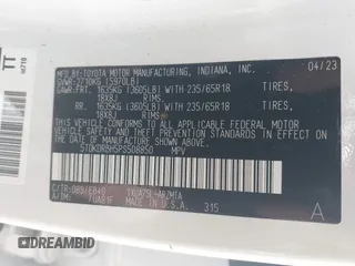 2023 Toyota Highlander L z VIN 5TDKDRBH5PS508850, wystawiony jako IAAI lot #42000739 z przebiegiem 35 914 mil mil oraz . Historia ofert i sprzedaży dostępna na DreamBid. Obrazek 9.