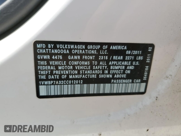 2012 Volkswagen Passat SE with VIN 1VWBP7A32CC012012, listed as a Copart auction lot 58757365 with 83,142 mi miles and Salvage title. Bid and sale history available at DreamBid. Image 12.