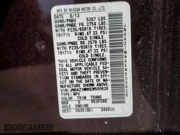 2014 Nissan Murano S with VIN JN8AZ1MWXEW500626, listed as a Copart auction lot 55884555 with 153,977 mi miles and Clean Title. Bid and sale history available at DreamBid. Image 13.
