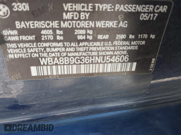 2017 BMW 3 Series 330i with VIN WBA8B9G36HNU54606, listed as a IAAI auction lot 42039176 with 77,007 mi miles and . Bid and sale history available at DreamBid. Image 9.