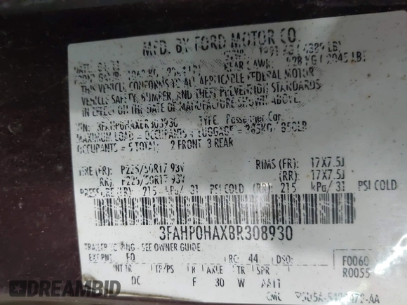 2011 Ford Fusion SE with VIN 3FAHP0HAXBR308930, listed as a IAAI auction lot 42028352 with 116,116 mi miles. Bid and sale history available at carsss.com. Image 9.