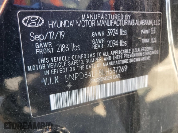 2020 Hyundai Elantra SEL with VIN 5NPD84LF8LH537269, listed as a Copart auction lot 52636195 with 89,798 mi miles and Salvage Title. Bid and sale history available at DreamBid. Image 12.