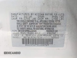 2019 Nissan Versa SV z VIN 3N1CN7AP9KL838989, wystawiony jako IAAI lot #41783881 z przebiegiem 78 934 mil mil oraz . Historia ofert i sprzedaży dostępna na DreamBid. Obrazek 9.
