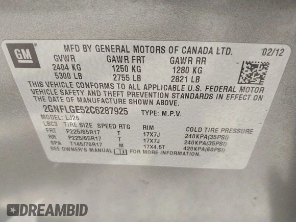 2012 Chevrolet Equinox LTZ with VIN 2GNFLGE52C6287925, listed as a IAAI auction lot 42130207 with 117,948 mi miles and . Bid and sale history available at DreamBid. Image 9.