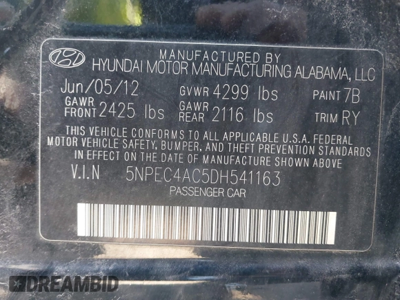 2013 Hyundai Sonata Limited with VIN 5NPEC4AC5DH541163, listed as a IAAI auction lot 41823970 with 117,286 mi miles and . Bid and sale history available at carsss.com. Image 9.