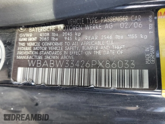 2006 BMW 3 Series 325Ci with VIN WBABW33426PX86033, listed as a Copart auction lot 44718015 with 174,331 mi miles and Clean Title. Bid and sale history available at carsss.com. Image 12.