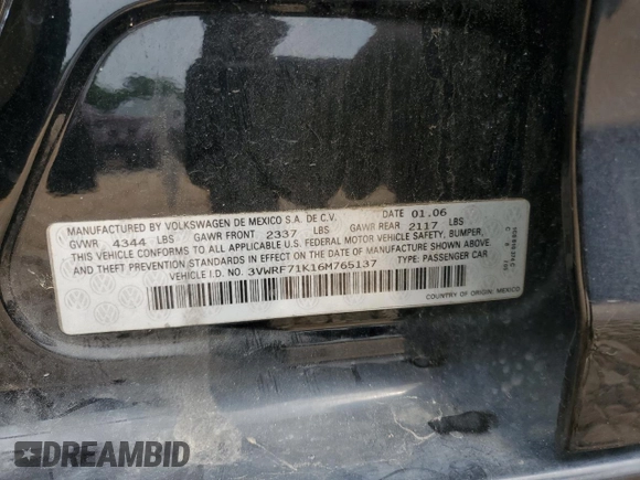 2006 Volkswagen Jetta 2.5L with VIN 3VWRF71K16M765137, listed as a Copart auction lot 57468505 with 205,439 mi miles and Salvage title. Bid and sale history available at DreamBid. Image 12.