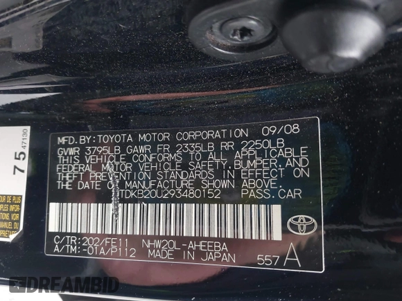 2009 Toyota Prius with VIN JTDKB20U293480152, listed as a IAAI auction lot 41805270 with 155,943 mi miles. Bid and sale history available at carsss.com. Image 9.