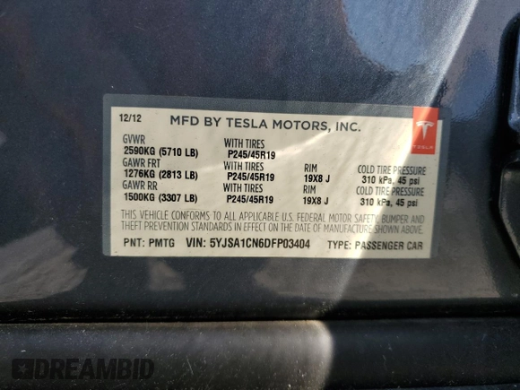2013 Tesla Model S z VIN 5YJSA1CN6DFP03404, wystawiony jako Copart lot #60239535 z przebiegiem 103 800 mil mil oraz Czysty tytuł • Clean title. Historia ofert i sprzedaży dostępna na DreamBid. Obrazek 13.