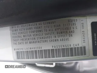2003 Volkswagen Jetta with VIN WVWSP61J83W462354, listed as a IAAI auction lot 41076683 with 165,100 mi miles and . Bid and sale history available at DreamBid. Image 9.