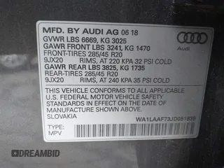 2018 Audi Q7 Premium Plus with VIN WA1LAAF73JD051839, listed as a IAAI auction lot 41764176 with 58,557 mi miles. Bid and sale history available at carsss.com. Image 9.