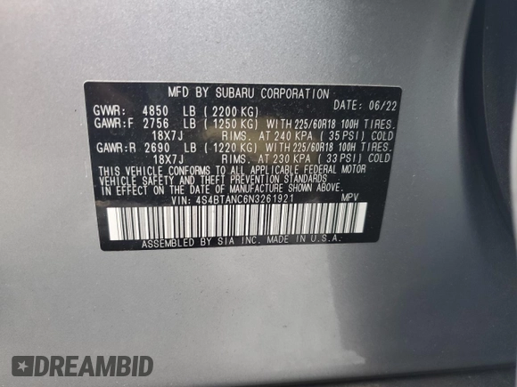 2022 Subaru Outback Limited with VIN 4S4BTANC6N3261921, listed as a Copart auction lot 48799675 with 16,283 mi miles and Salvage Title. Bid and sale history available at DreamBid. Image 14.