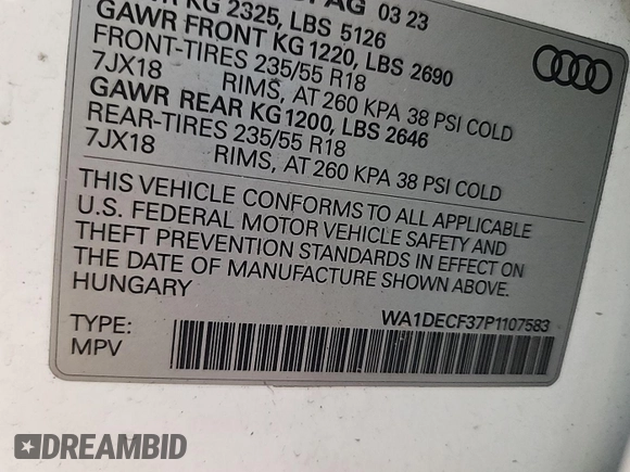 2023 Audi Q3 S line Premium z VIN WA1DECF37P1107583, wystawiony jako IAAI lot #42774151 z przebiegiem 51 891 mil mil oraz . Historia ofert i sprzedaży dostępna na DreamBid. Obrazek 7.