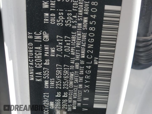 2022 Kia Sorento LX with VIN 5XYRG4LC2NG085408, listed as a Copart auction lot 53488085 with 42,325 mi miles and Salvage title. Bid and sale history available at DreamBid. Image 13.