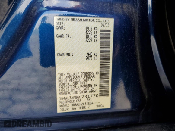 2016 Nissan Altima SR with VIN 1N4AL3AP8GC231770, listed as a Copart auction lot 55982085 with 113,675 mi miles and Salvage title. Bid and sale history available at DreamBid. Image 12.