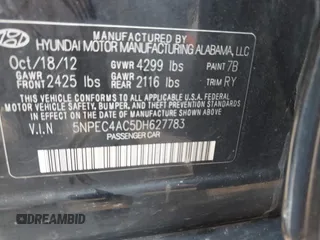 2013 Hyundai Sonata Limited with VIN 5NPEC4AC5DH627783, listed as a IAAI auction lot 42092403 with 93,080 mi miles and . Bid and sale history available at DreamBid. Image 9.