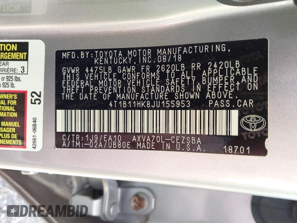 2018 Toyota Camry LE z VIN 4T1B11HK8JU155953, wystawiony jako IAAI lot #40609365 z przebiegiem 53 296 mil mil oraz . Historia ofert i sprzedaży dostępna na DreamBid. Obrazek 9.