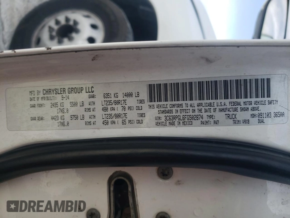 2015 Ram 3500 Tradesman with VIN 3C63RPGL6FG502874, listed as a Copart auction lot 45420455 with 0 mi miles and Clean Title. Bid and sale history available at carsss.com. Image 14.