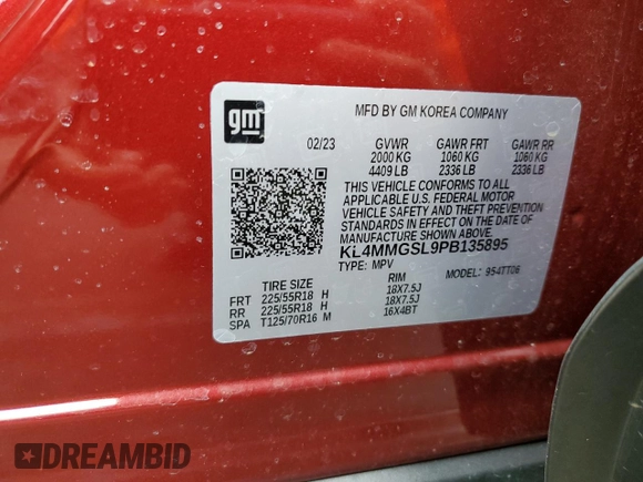 2023 Buick Encore GX Essence with VIN KL4MMGSL9PB135895, listed as a Copart auction lot 53905955 with 10,801 mi miles and Salvage title. Bid and sale history available at DreamBid. Image 13.