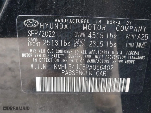 2023 Hyundai Sonata Hybrid Limited with VIN KMHL54JJ5PA056402, listed as a IAAI auction lot 41286249 with 34,886 mi miles. Bid and sale history available at carsss.com. Image 9.