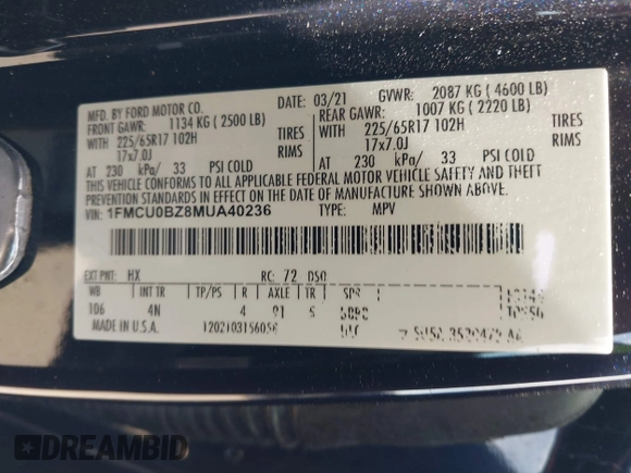 2021 Ford Escape SE Hybrid with VIN 1FMCU0BZ8MUA40236, listed as a IAAI auction lot 42237763 with 84,119 mi miles and . Bid and sale history available at DreamBid. Image 9.