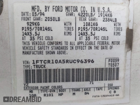 1994 Ford Ranger Splash with VIN 1FTCR10A5RUC96396, listed as a IAAI auction lot 42203294 with 234,981 mi miles. Bid and sale history available at carsss.com. Image 9.