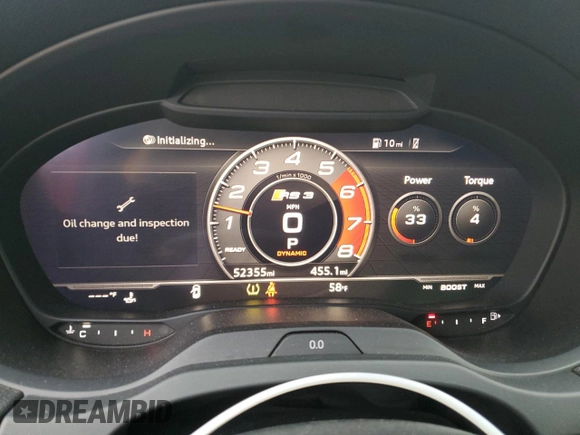 2019 Audi RS 3 with VIN WUABWGFF2KA906727, listed as a Copart auction lot 49337425 with 52,355 mi miles and Salvage title. Bid and sale history available at DreamBid. Image 9.