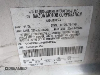 2006 Mazda 6 i with VIN 1YVFP80C165M62457, listed as a IAAI auction lot 41849081 with 172,372 mi miles. Bid and sale history available at carsss.com. Image 9.