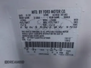 2007 Ford F-150 XL with VIN 1FTRF12267KC21885, listed as a IAAI auction lot 41278787 with 50,306 mi miles and . Bid and sale history available at DreamBid. Image 9.