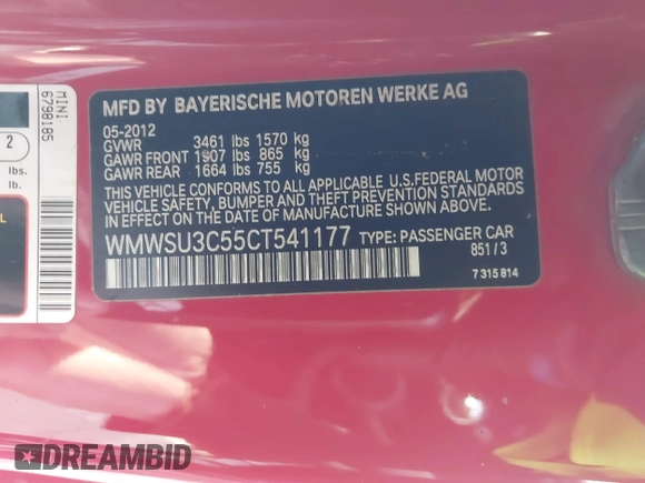 2012 MINI Hardtop with VIN WMWSU3C55CT541177, listed as a IAAI auction lot 41608998 with 123,930 mi miles and . Bid and sale history available at DreamBid. Image 9.