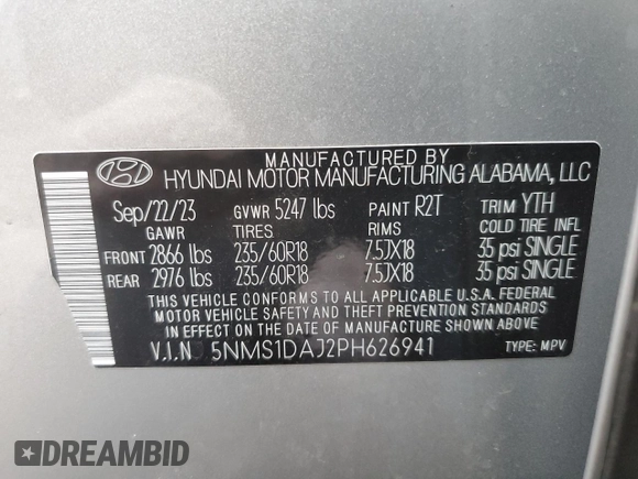 2023 Hyundai Santa Fe SE с VIN 5NMS1DAJ2PH626941, выставлен на аукционе Copart как лот 46691165 с пробегом 12 043 миль миль и Списание • Salvage title. История ставок и продаж доступна на DreamBid. Изображение 13.