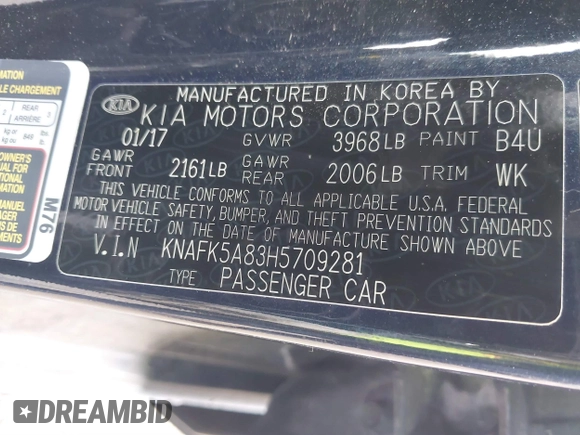 2017 Kia Forte5 LX with VIN KNAFK5A83H5709281, listed as a IAAI auction lot 41482492 with 74,979 mi miles. Bid and sale history available at carsss.com. Image 9.